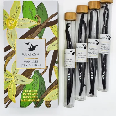 A box containing four vanilla pods in glass tubes by Vanissa. The box has a botanical design with vanilla flowers and pods. The vanilla pods are of two varieties: Bourbon Madagascar and D'Ouganda Planifolia, labeled.
