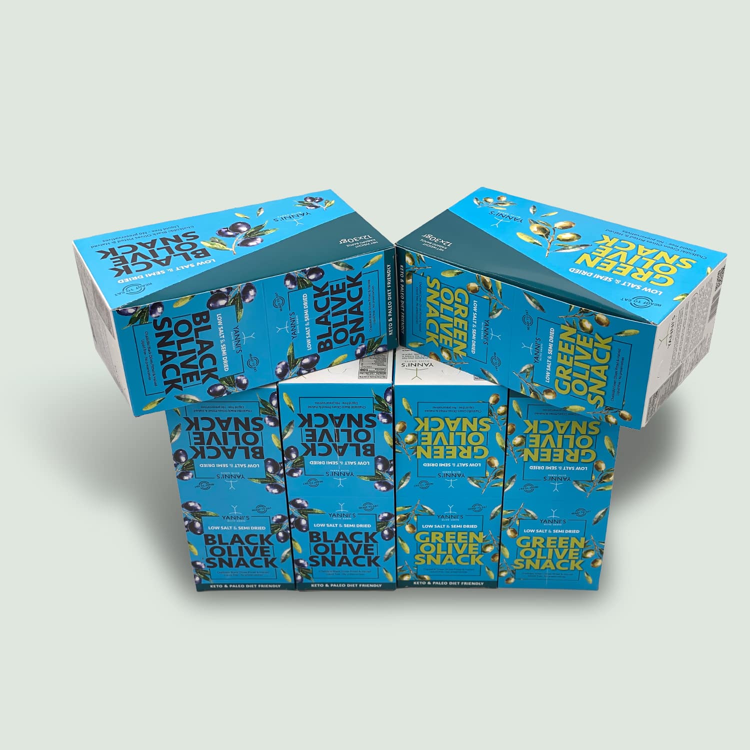 Enjoy healthy snacking with Yanni's Black & Green Olive Snack Bulk Pack. Keto & Paleo friendly, low salt, no preservatives, and perfect for on-the-go!